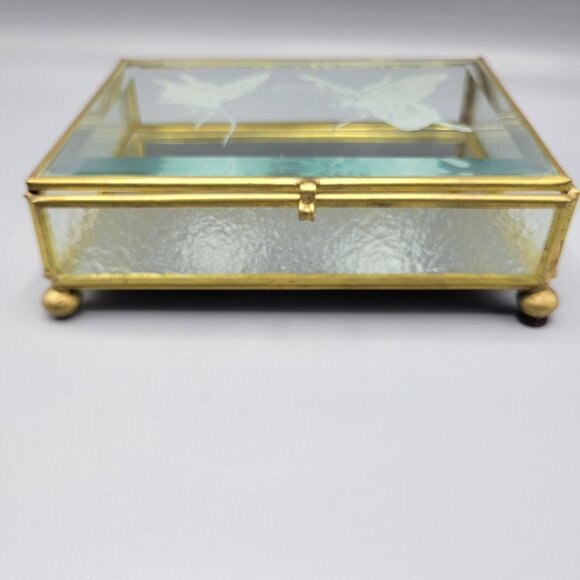 Vintage Flambro Glass Jewelry Box Etched Butterfly Design Brass Frame Taiwan - Picture 8 of 16